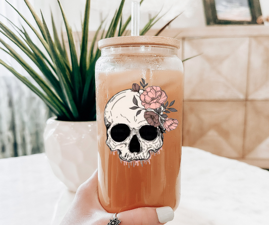 16oz Flower Skull Glass Can