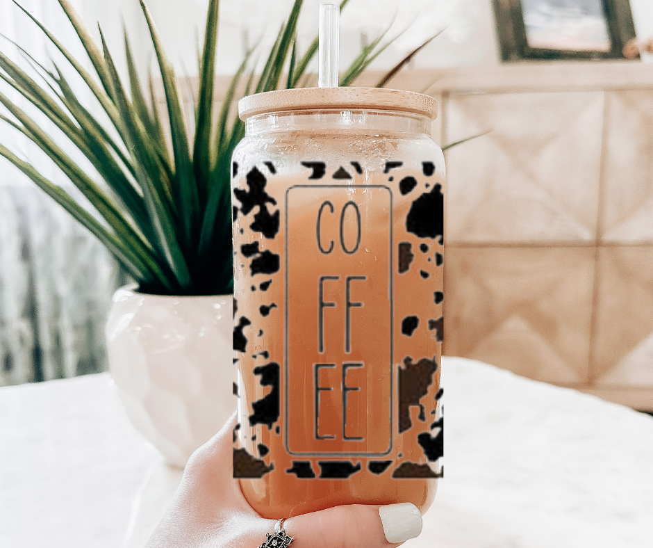 16oz Coffee Cow Print Glass Can